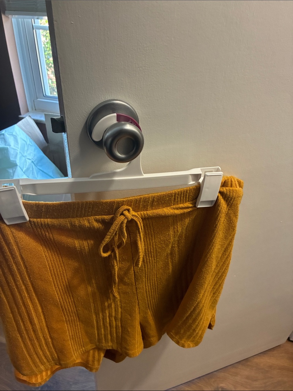 SHEIN Mustard Ribbed High Waist Drawstring Shorts